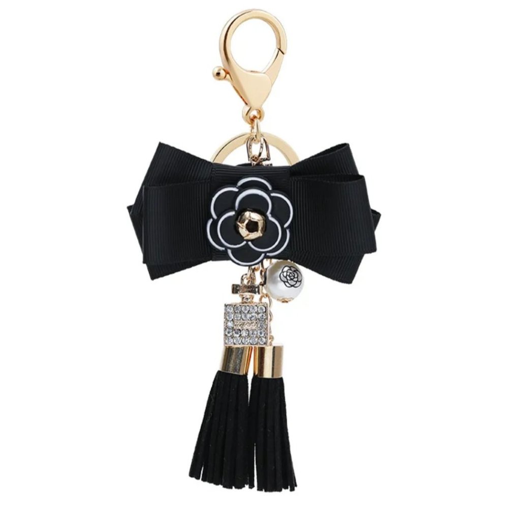 NEW Fashion Black Bow, Flower, Tassles and Key Charms Bag Keychain - Picture 3 of 3
